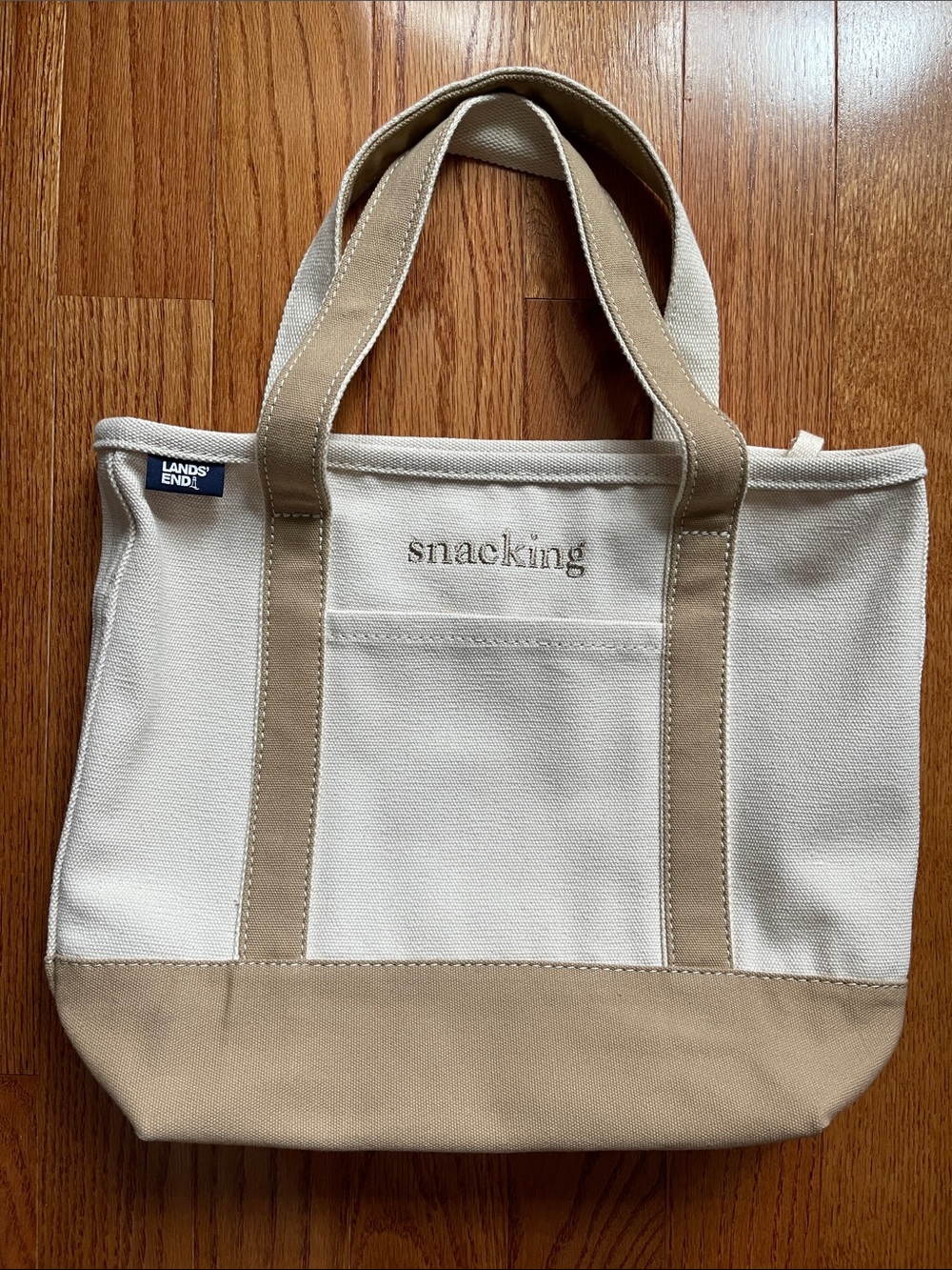 Lands' End Cream and Tan Canvas Tote with "snacking" Embroidery